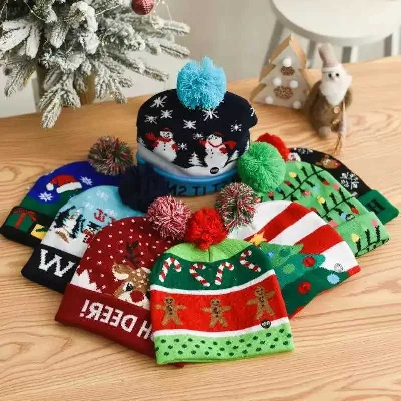 LED Light Christmas Hat Xmas Knitted Hats Warm Winter Cap New Year Featival Party Decoration Christmas Gift for Kids AdultsW251027