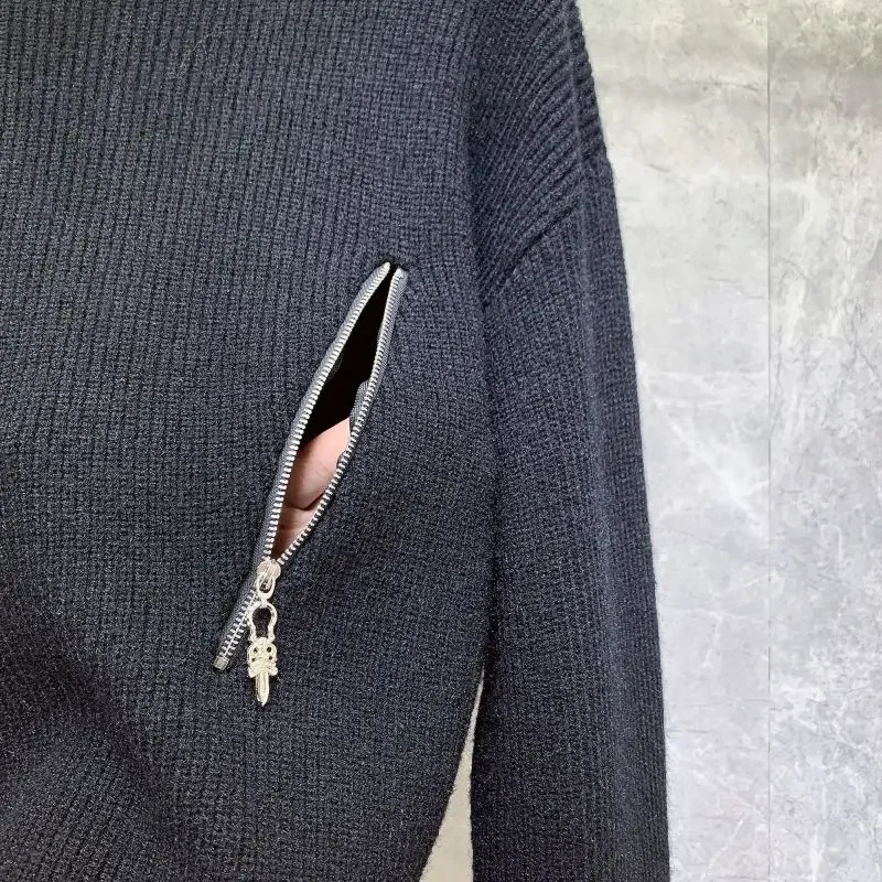 High Collar Knit Sweater Male Black Zipper Pullovers Turtleneck Mens Clothing White Zipup Neck Y2k Streetwear Old Casual Baggy 251016