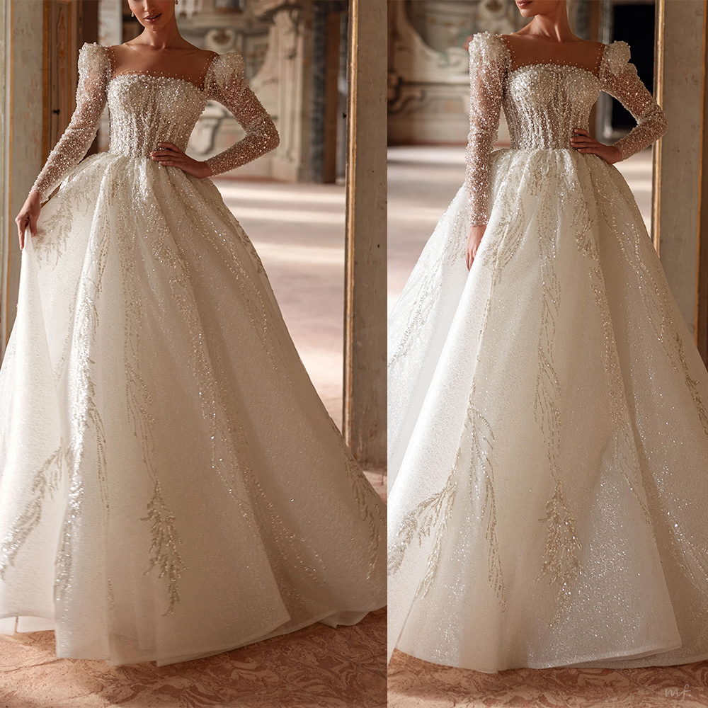 Elegant A Line Women Wedding Dress Sheer Neck Long Sleeves Bridal Gowns Sequins Pearls Sweep Train Dress Custom Made vestidos de novia