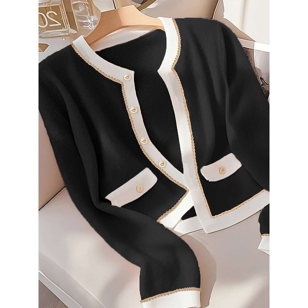 Women's Cardigan Pink Small Wind Round Neck Color-Block Cardigan Women's Fashion Versatile Autumn Top Jacket