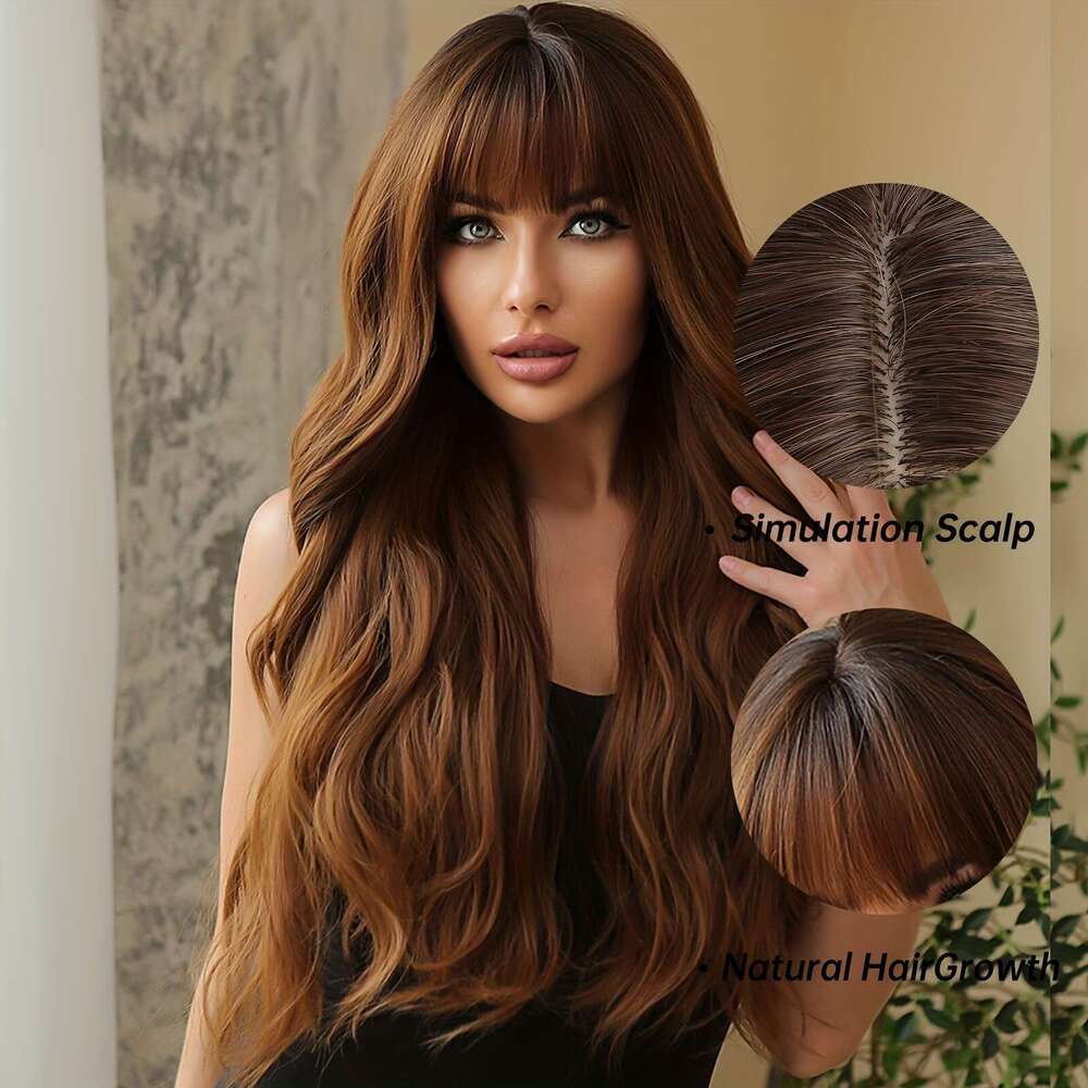28 Inch Reddish Brown Long Curly Wavy With Bangs Synthetic Body Wave Wigs Women For Daily Costume Party Cosplay Use