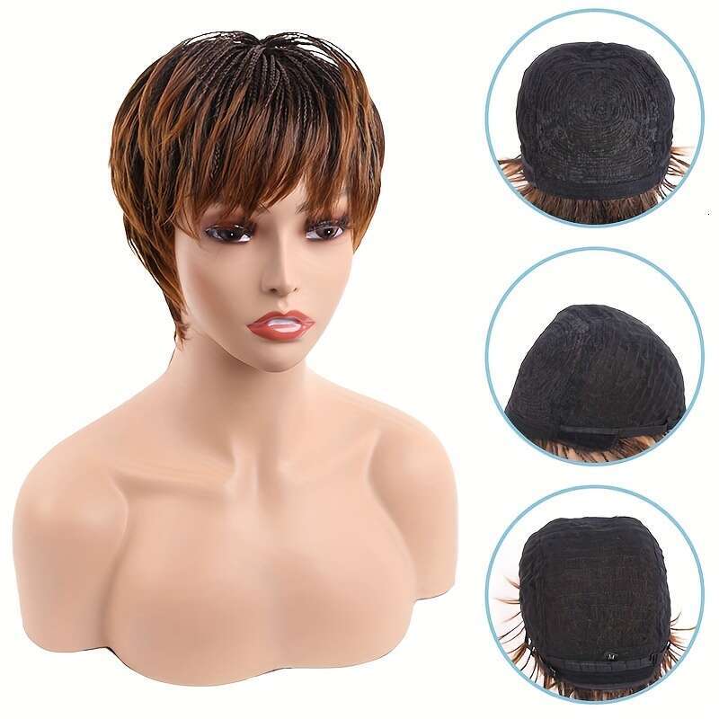 Natural-Looking Short Pixie Cut With Bangs - Synthetic Straight Women, Black & Brown Options, Rose Net Cap, High-Temperature Fiber, Perfect For Everyd