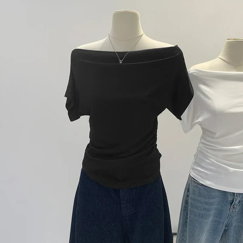 Summer Pure Desire One Shoulder Black Short Sleeve Womens Tshirt Korean Style Slimming Top Exposed Shoulder Fashionable 251027