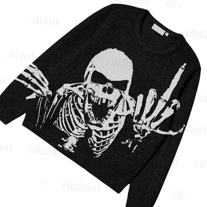 BIG PROMOTION Y2K European and American Autumn and Winter Mens Gothic Casual Black Loose Skeleton Print Vintage Knitted Sweater 251024