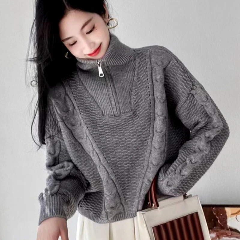 Fashion Women Long Sleeve High Neck Solid Color Looese Sweater Winter Elegant Casual Pullover Knitted Top Zipper Knitwear 251027