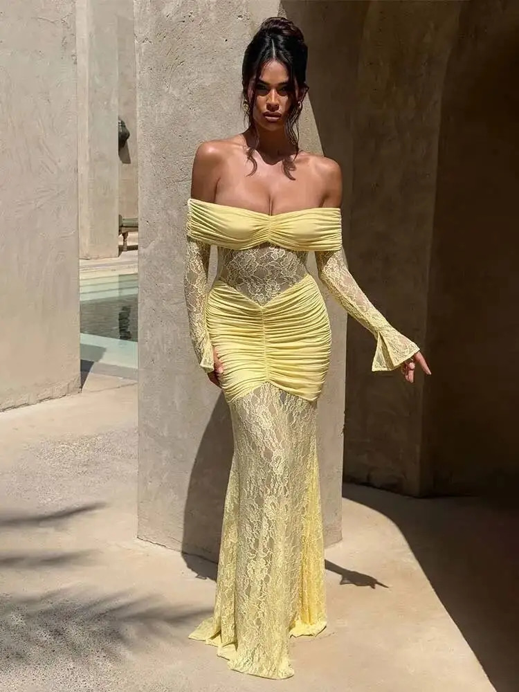 Townlike Pleated Slim Bodycon Maxi Long Dress Women Off Shoulder 2025 Autumn Winter Dress Lace Patchwork Sexy Party Dresses 251027