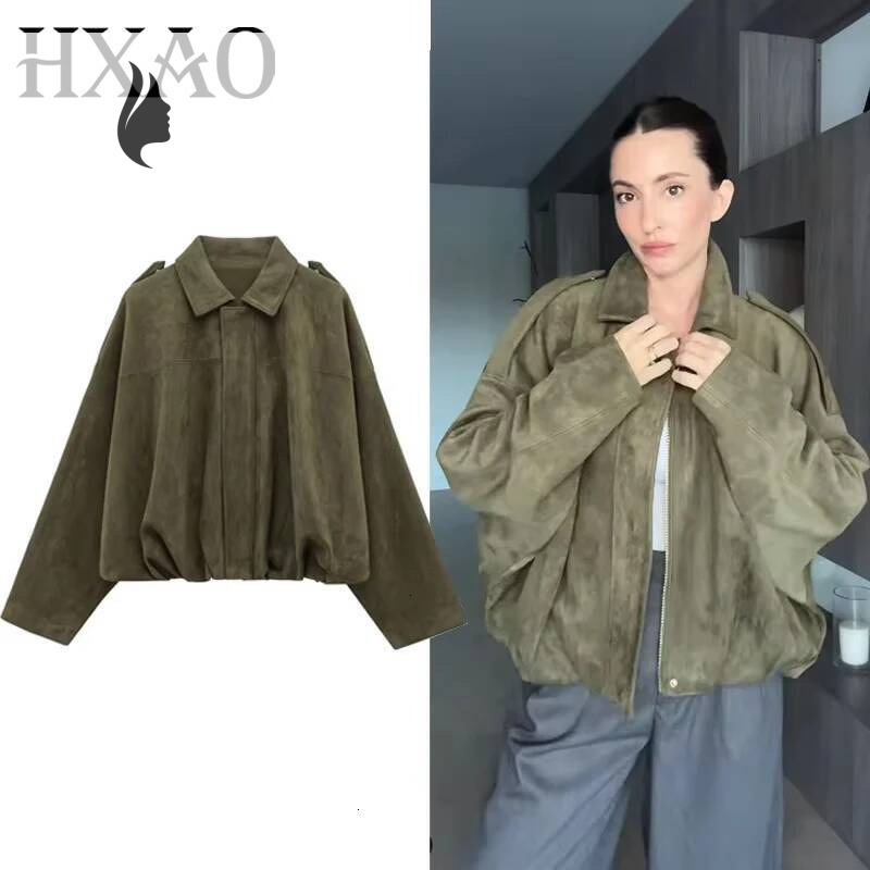winter jacket women HXAO Women's Cropped Suede Jacket Women Demi-Season Bomber Jackets Long Sleeve Oversize Zipper Solid Coats