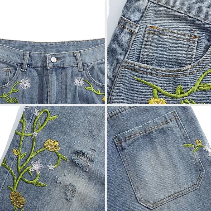 Autumn Winter Vintage Embroidered Flower Loose Wide Leg Pants Women Straight Casual Versatile Jeans High Waist Washed Denim Pant 251027