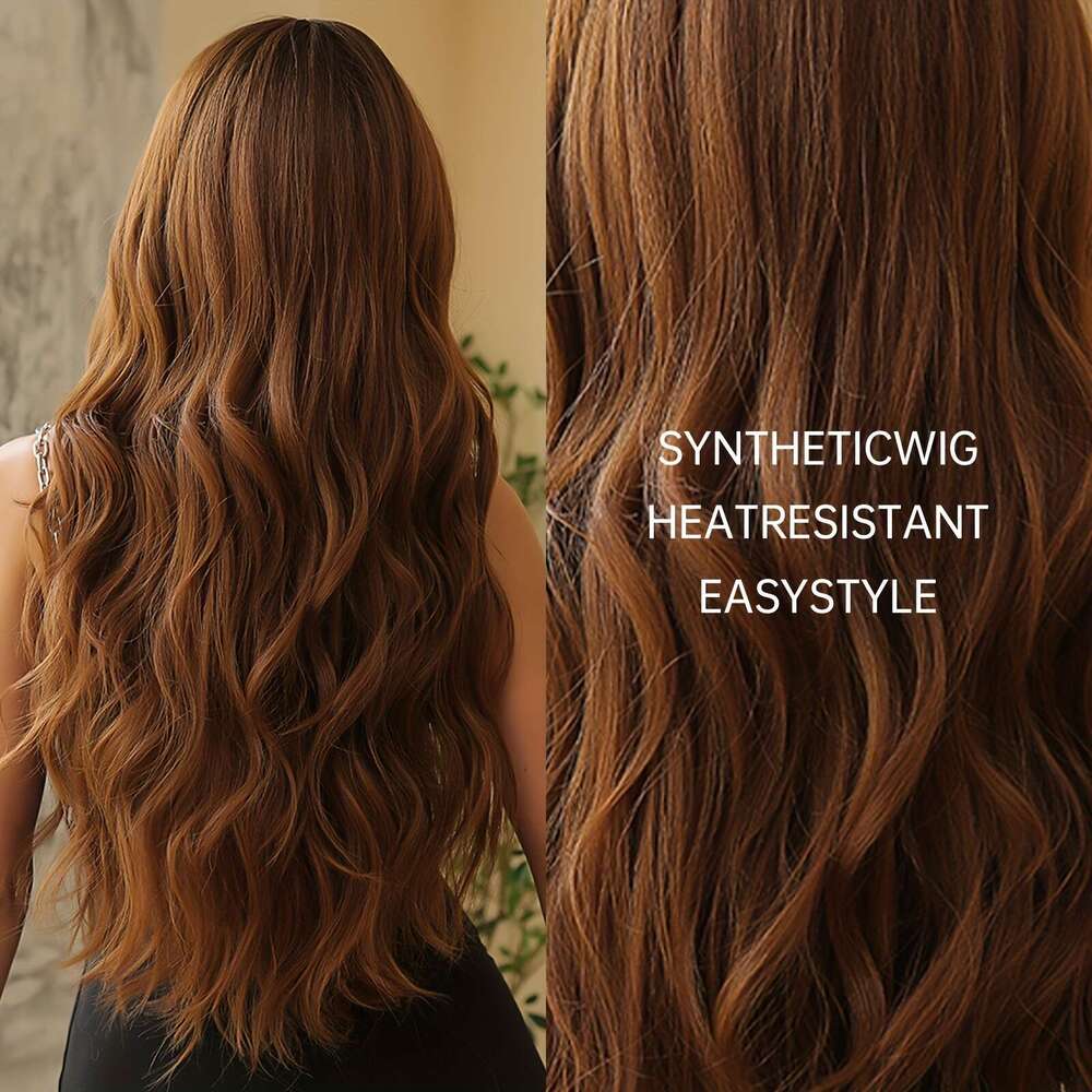 28 Inch Reddish Brown Long Curly Wavy With Bangs Synthetic Body Wave Wigs Women For Daily Costume Party Cosplay Use