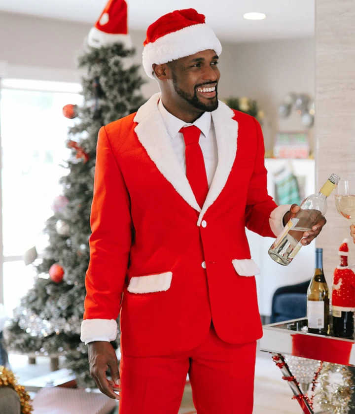 Merry Christmas Set Red and White Single Breasted Men Suit Two Pieces(Jacket+Pants) Outfits Casual Party Prom Clothing