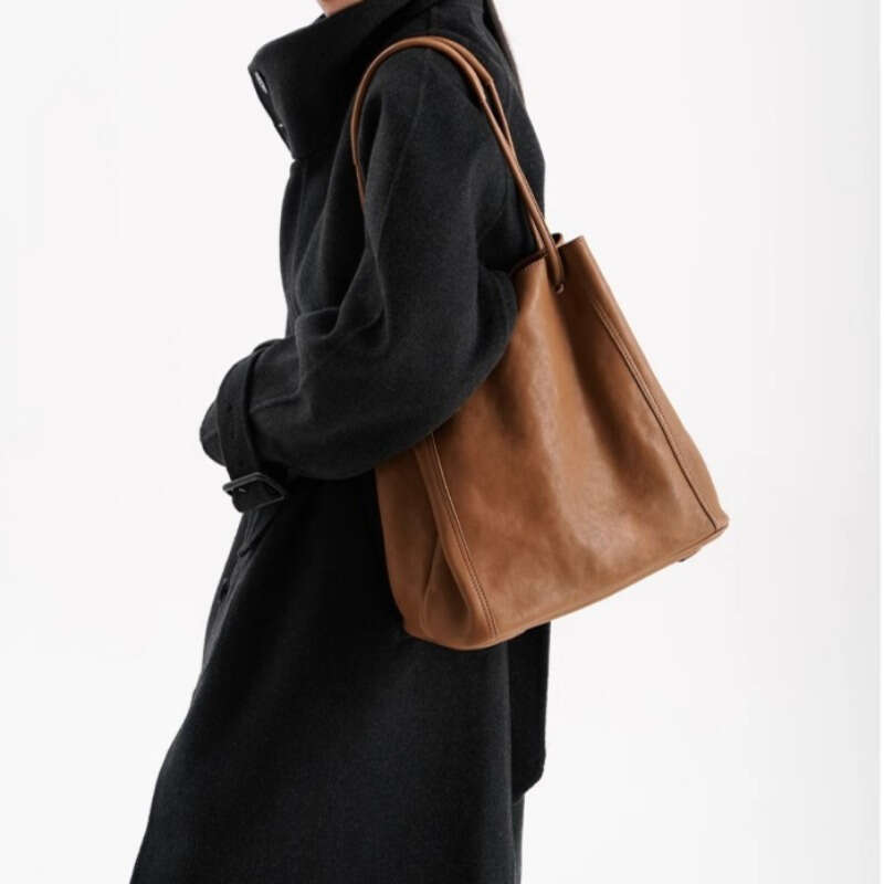 Stylish Women's Genuine Leather Bucket Bag - Large Capacity Retro Solid Color & Shoulder Handbag With Zipper Closure, Perfect For Work And Outdoo