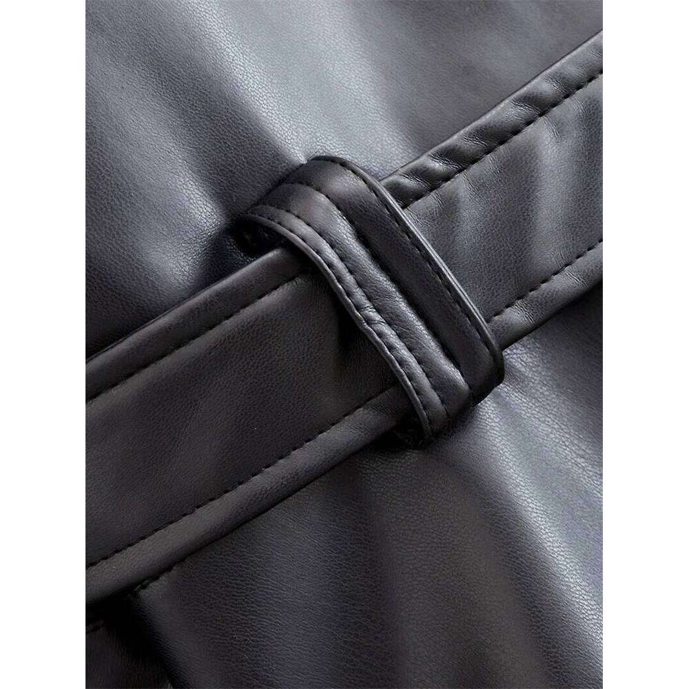 Women's 2025 Autumn New Arrival Black Long-Sleeve Faux Leather Short Trench Coat Motorcycle Style Fashionable And Unique