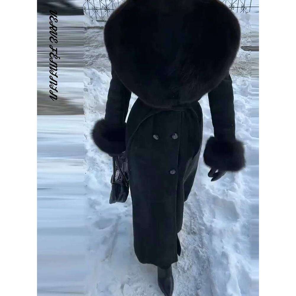 Women's Winter Coat Lapel Button Slim Faux Fur Spliced Woolen Overcoat Autumn 2025 With Belt Long Jackets Office Lady Outerwears