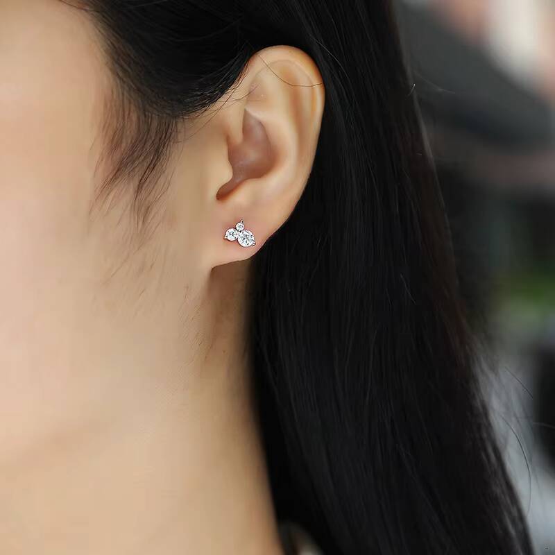 Women 925 Sterling Silver Jewelry ThreeStone Round Brilliant Cut Moissanite Diamond Stud Earrings