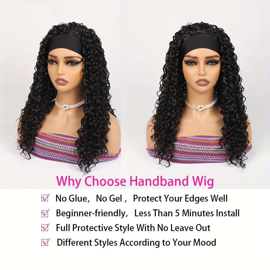 1Pc Elegant Unisex-Adult Curly Headband Wig, 180% Density Water Wave Synthetic Half With Elastic Cap And Attached Headbands, High Temperature Fiber, G