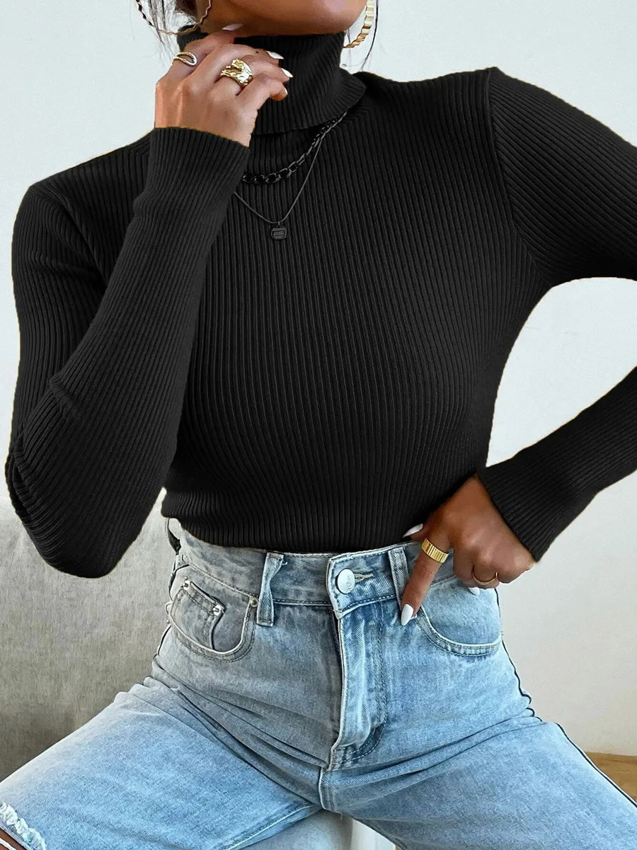 Autumn Winter Women Knit Solid Turtleneck Pull Sweater Casual Rib Jumper Tops Female Home Pullover Y2K Clothing 2025 251027
