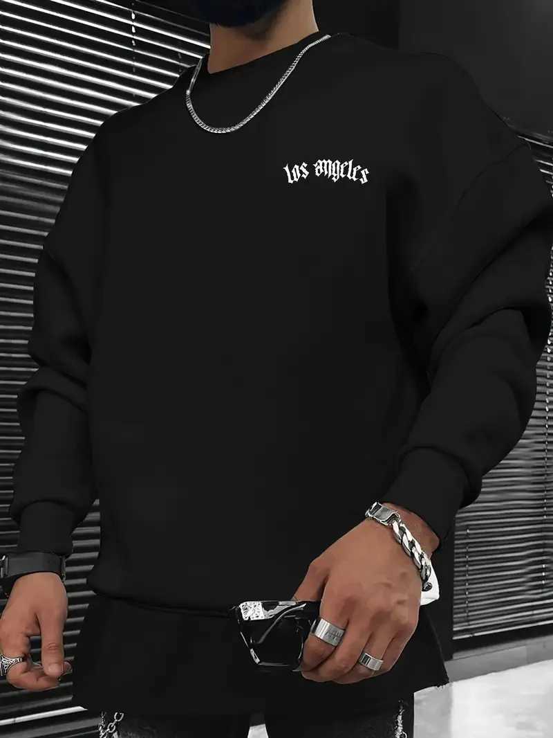 Mens autumn and winter fashionable casual loose Los Angeles letter print fleece pullover long sleeved round neck sweatshirt W251027