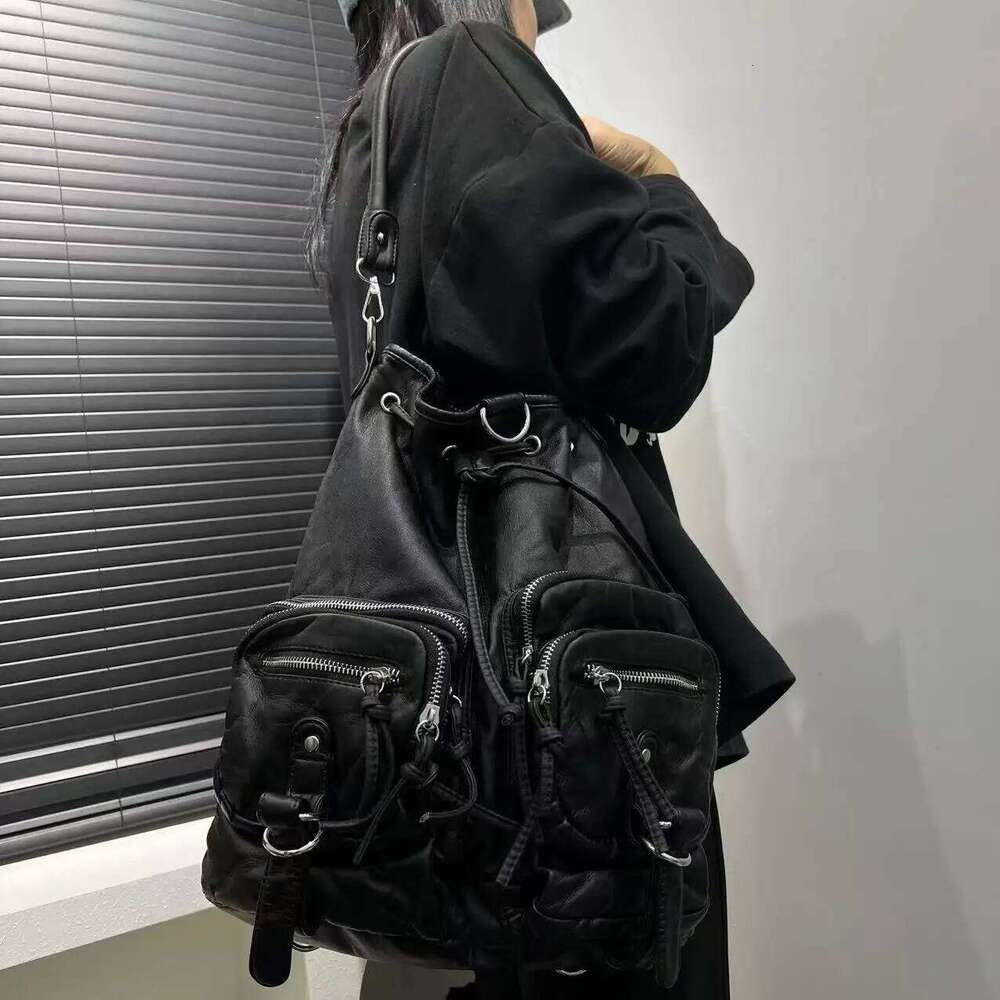Ladies' Fashion Y2k Street Spicy Girl Backpack Large Capacity Aging Multi Functional Pure Leather Retro Shoulder Bag