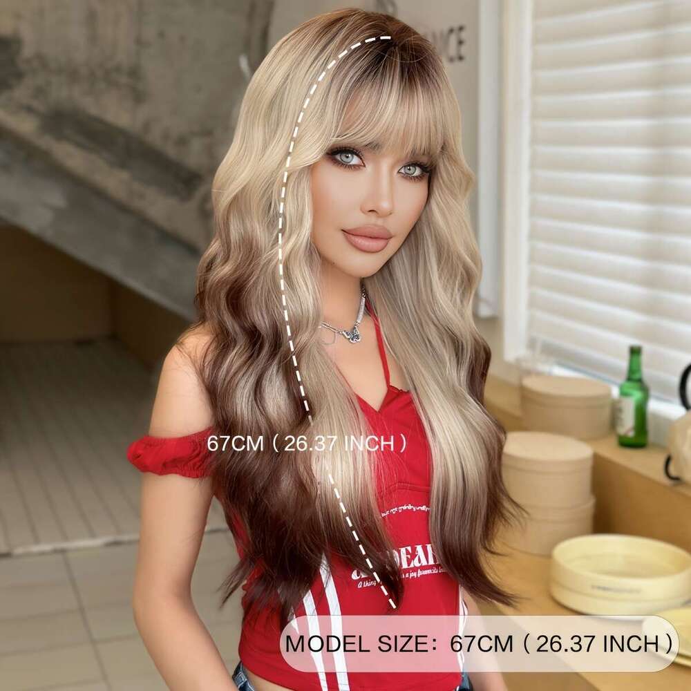 7Jhh WIGS Women's Long /Korean Style Water Wave Ombre Blonde/Brown Wig - Heat Resistant Synthetic Hair With Dark Roots, High Density Layered 26.3