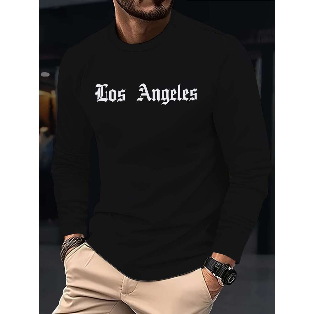 Men's Casual Long Sleeve T-Shirt With Los Angeles Graphic Print - Black & White Gothic Lettering, Round Neck, Hine Washable, Autumn Winter Fashio
