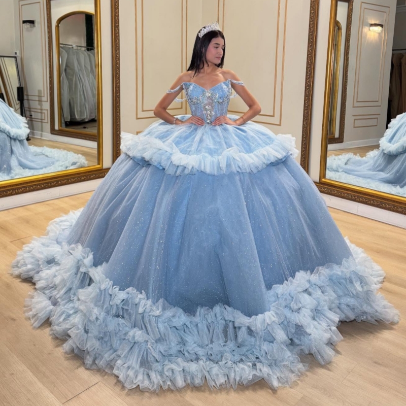 Sky Blue Shiny Quinceanera Dresses Off The Shoulder Beading Crystal Tiered Tull Party Birthday Sweet 16 Dress Vestidos 15 De Anos