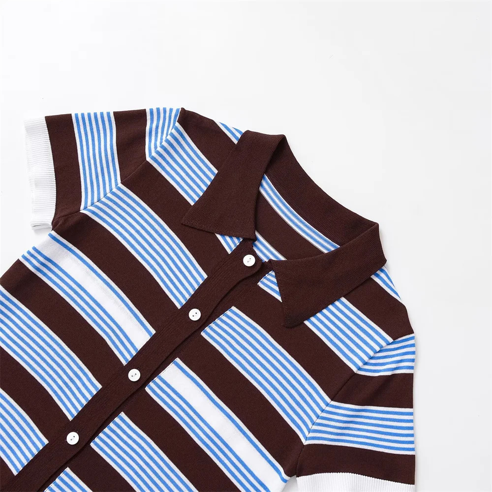 womens summer casual versatile buckle closed striped short sleeved knitted polo shirt collar top 251027