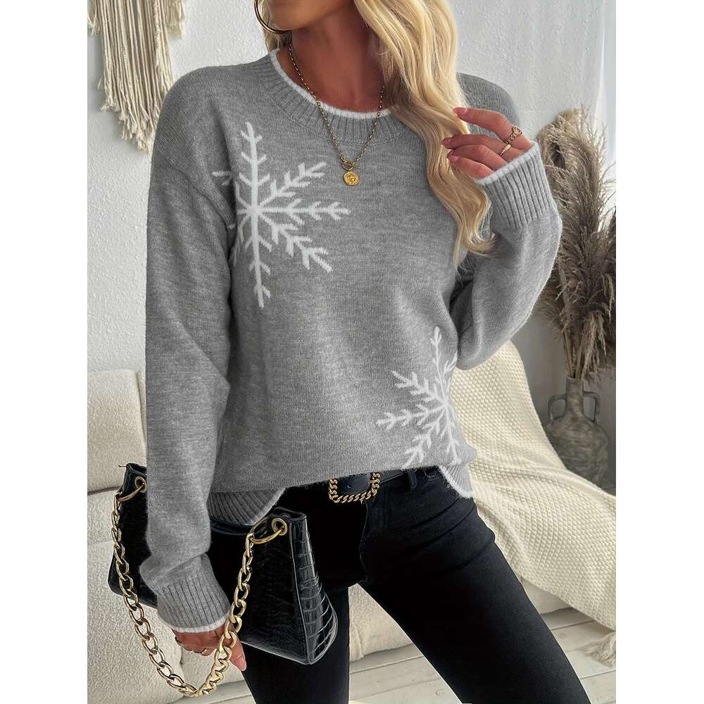 European American Autumn And Winter Pullover Knitted Sweater With Snowflake Jacquard, Round Neck Women's Top.