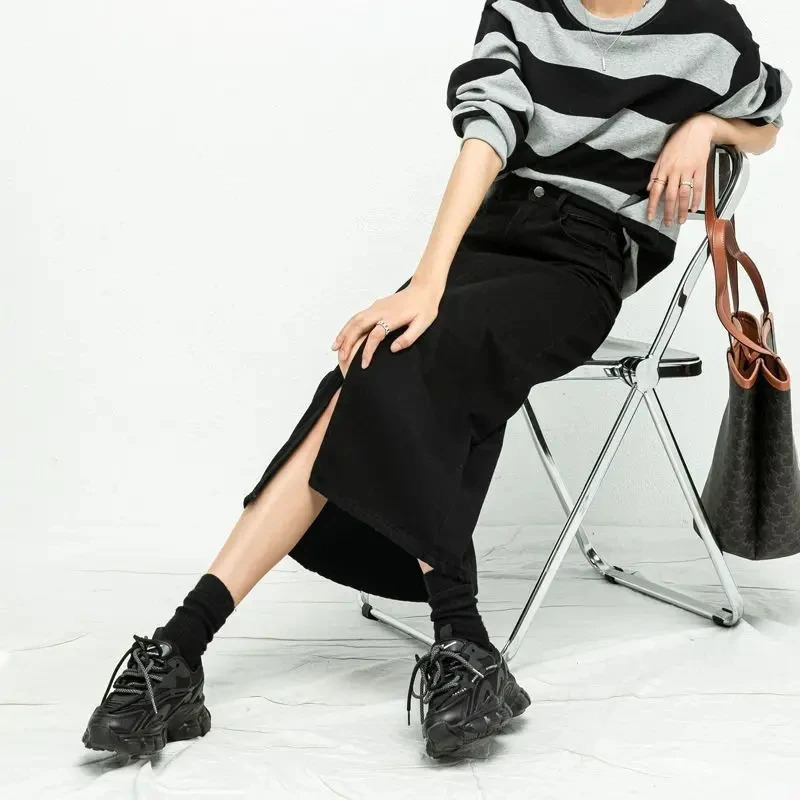 Split Denim Skirt for Women High Waisted Loose ALine Korean Elegant Black Skirts Spring Fashion Mid Length 251027
