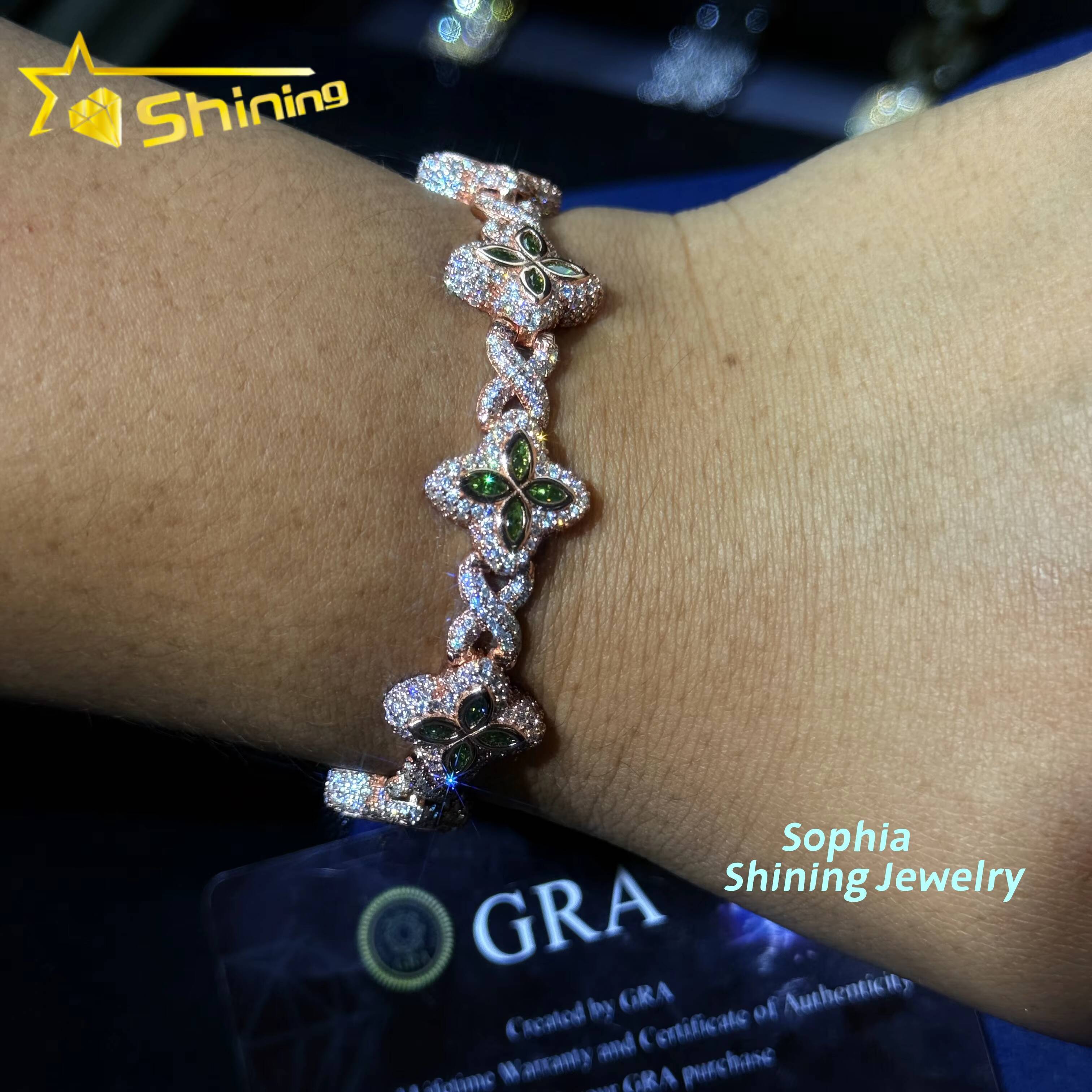 New Arrivals Fashion Jewelry 925 Sterling Silver Vvs Green Color Moissanite Diamond Four Leaf Clover Cuban Link Tennis Bracelet