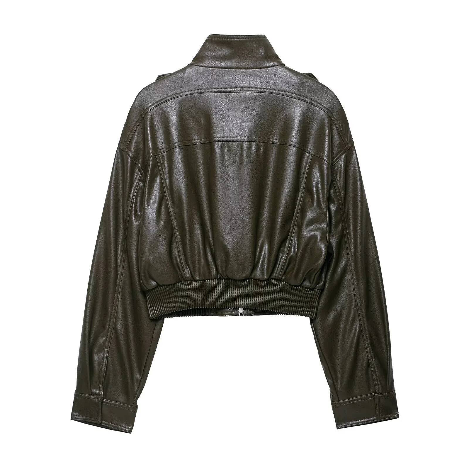 winter jacket women PB&ZA2025 autumn new women's casual fashion simple versatile shiny imitation leather stand collar long sleeve short jacket