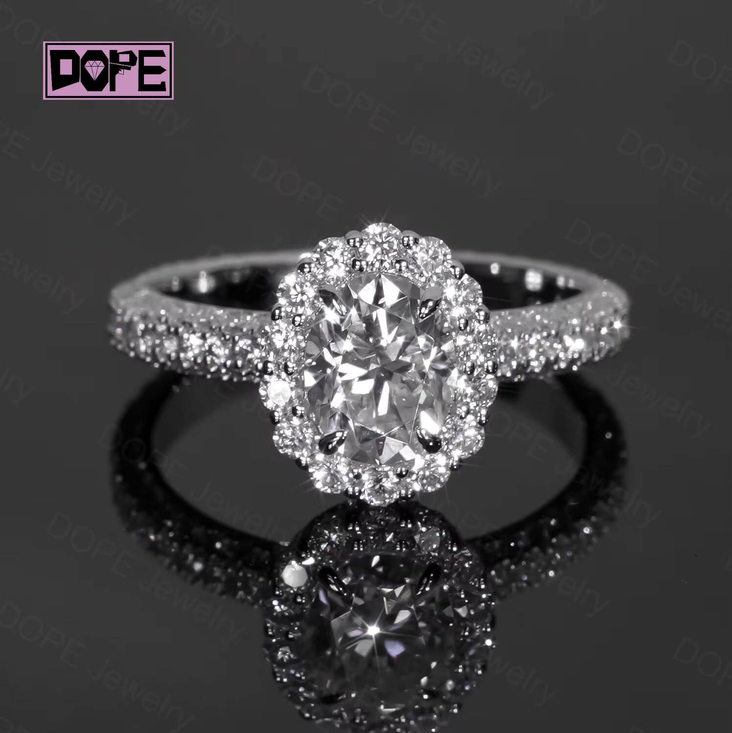 IGI Certified Lab Grown Diamond Ring 925 Silver 1ct Oval Cut CVD Cluster Halo Eternity Engagement Wedding Ring