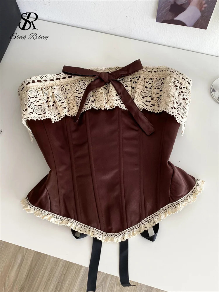 SINGREINY Sexy Vintage Strapless Tops Sleeveless Bow Lace Spliced Backless Bandage Camis 2025 Ladies Slim Sexy Streetwear Corset 251027