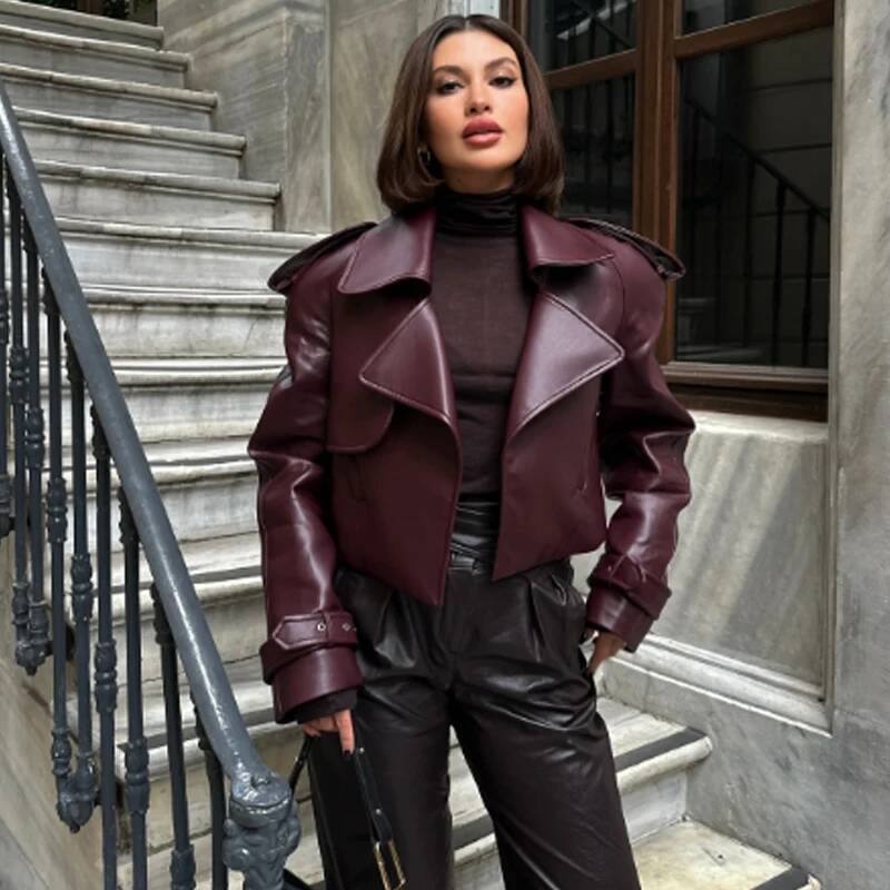 winter jacket women HXAO Women's Faux Leather Demi-Season Cropped Coat Black Jacket Woman Autumn Long Sleeve Windbreaker New In Jackets