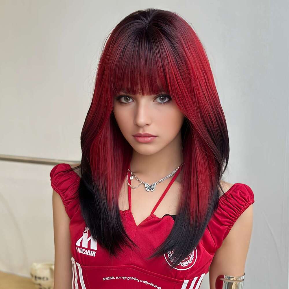 NAMM Women's Long Straight Dark Roots Synthetic Fiber Wig With Bangs Ends Brown Base, Comfortable Rose Net Cap, Pre-Styled Loose Layered Cosplay,