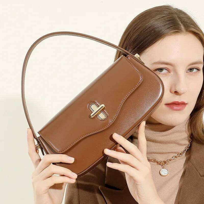 New fashionable French stick bag, genuine leather handbag, high-end simple shoulder for women 2025, underarm bag