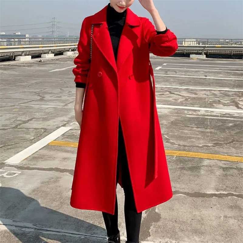 HighQuality DoubleSided Wool Coat Cashmere Jacket LaceUp Autumn Winter Long Slim Fashion Trench Coat Female Outwear 2025 Ne M251027