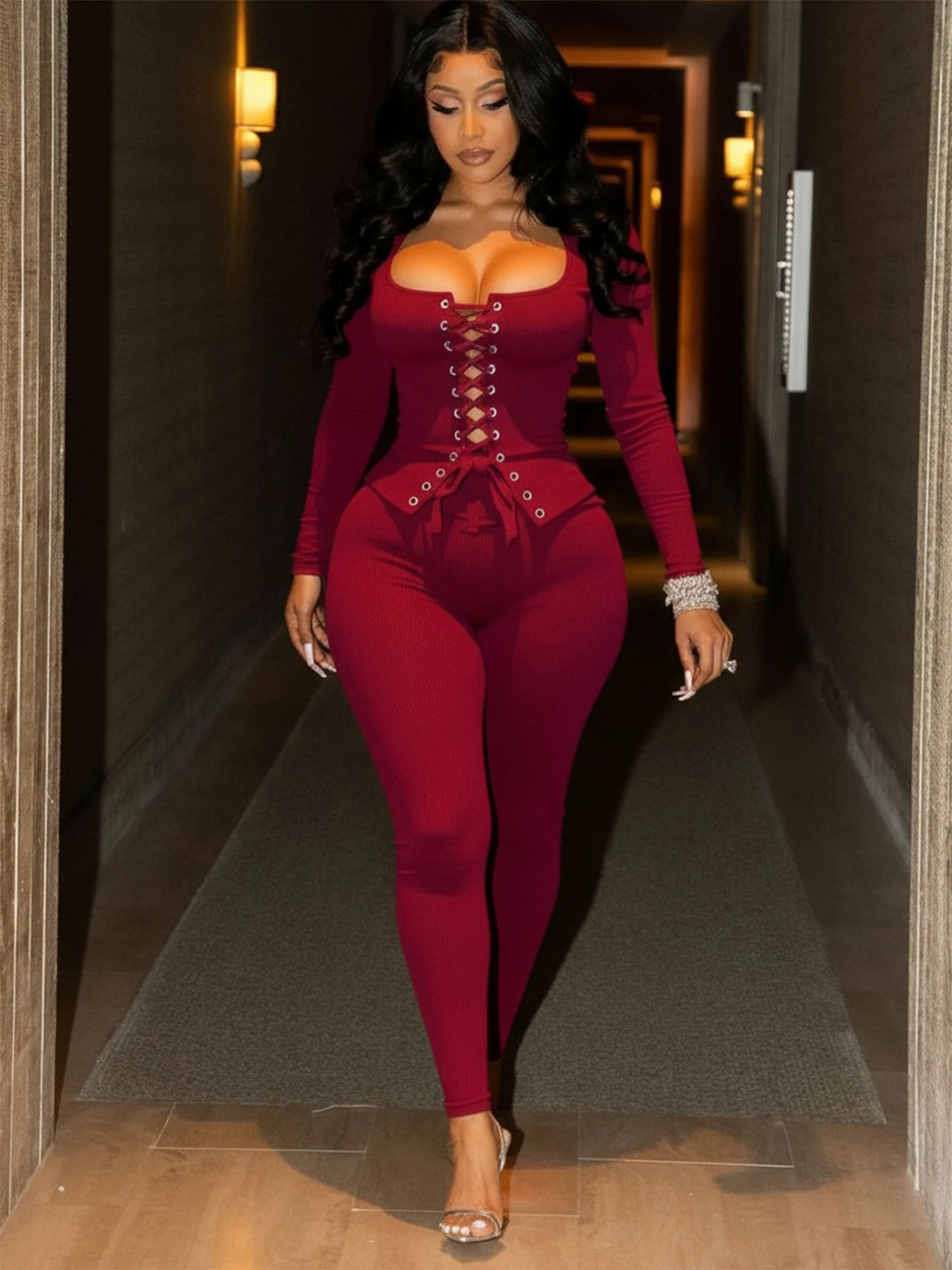 Weird Puss tie Tracksuits 2Piece Set Women Shirring Square Collar Crop TopPants Matching Simple Sporty Stretch Slim Outfits 251027