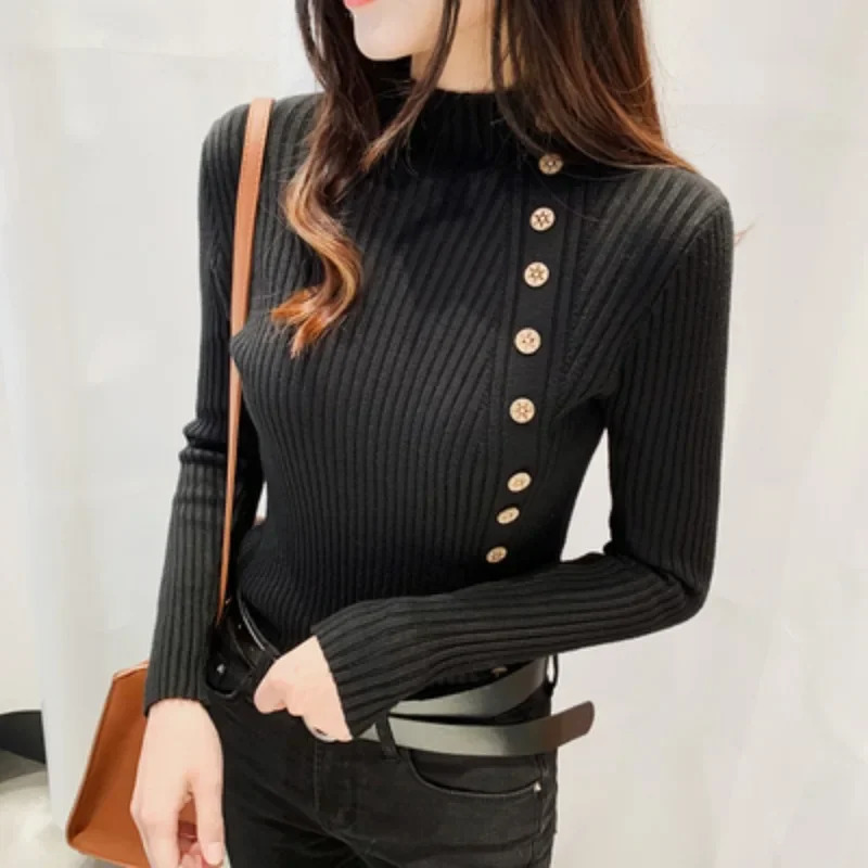 Spring Autumn Mock Neck Skinny Elastic Knitted Shirt Women Pullover Sweater Tops Female Long Sleeve Slim Knit Shirts Knitwear 251027