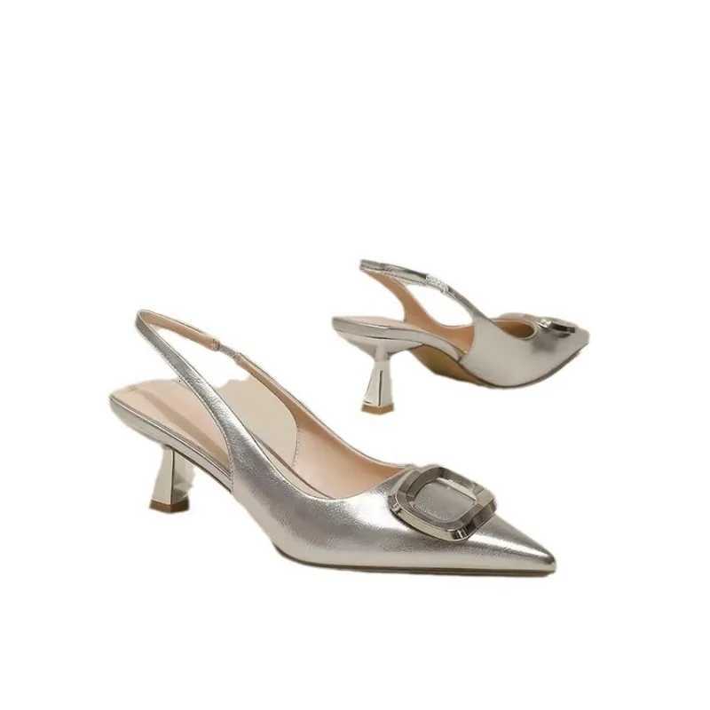 Brand Woman Slingback Shoes Fi 2024 Spring New Ladies High Heels Elegant Med Heel Pointed Toe Slip Sandal MulesXJ251027