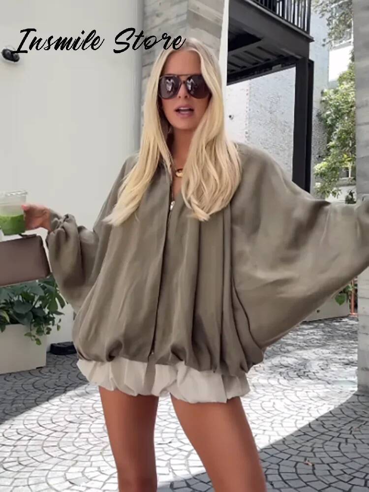 winter jacket women Puffed Bomber Women's Jackets Casual Pleated Turn-down Collar Lantern Sleeve Woman Spring Jacket 2025 Green Femme Outerwears