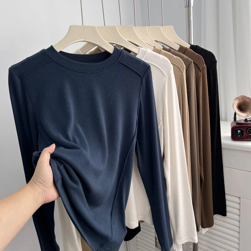 Slim Fit Striped Pit Solid Basic Tops Round Neck Long Sleeved Tshirt Womens Spring Autumn Inner Layup Bright Thread Tee 251027