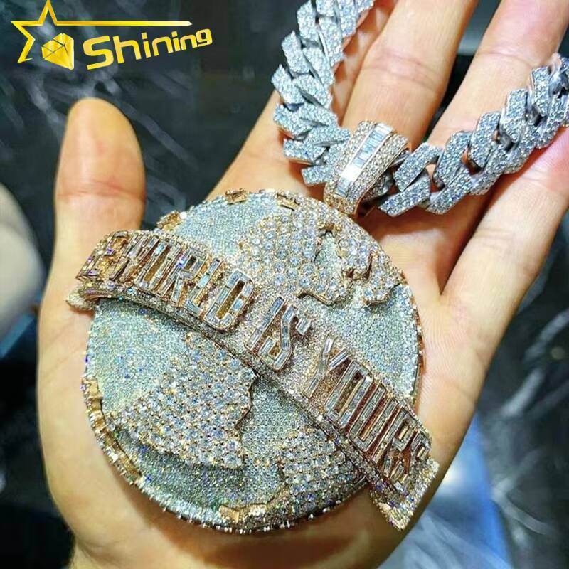 Hip Hop Jewelry Gold Plated Earth Pendant 925 Sterling Silver baguette Moissanite Person Circle Iced Out Pendant