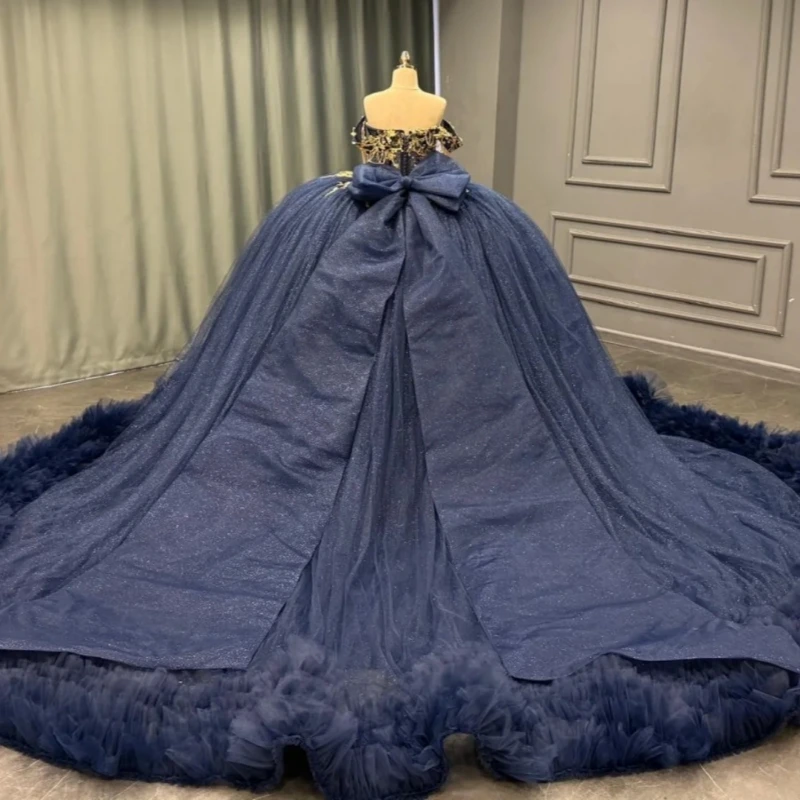 Navy Blue Shiny Quinceanera Dresses Off The Shoulder Gold Applique Lace Beads Bow Tiered Tull Party Birthday Sweet 16 Dress