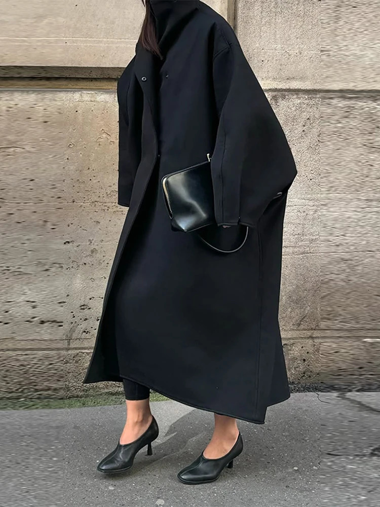 Chic Stand Collar Long Woolen Coat Women Puff Sleeve Single Breasted Loose Warm Overcoat Autumn Winter Lady Outwear 251024