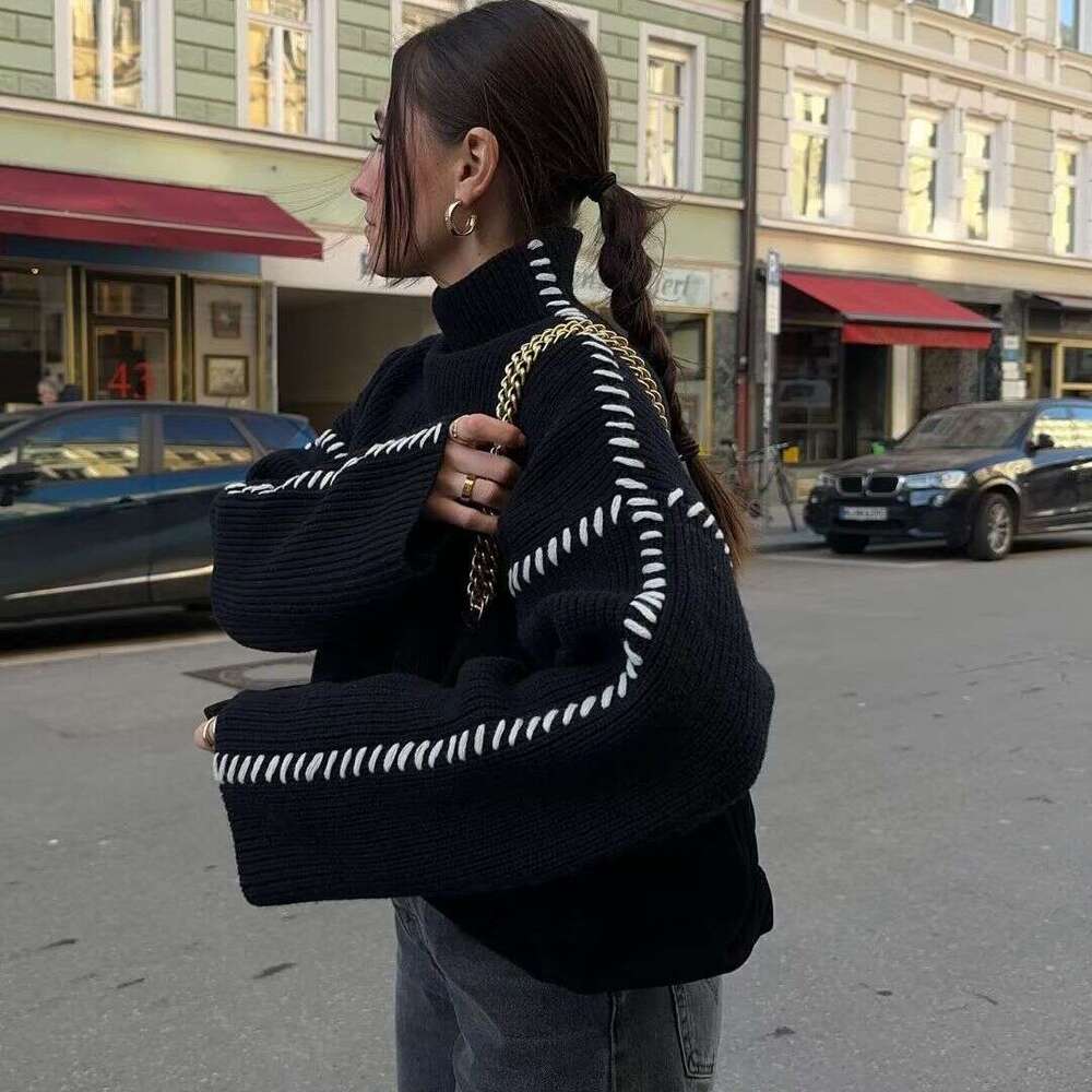 ZA Women's Clothing Autumn Winter Outerwear Round Neck Knitted Warm Versatile Chic Color Block Sweater