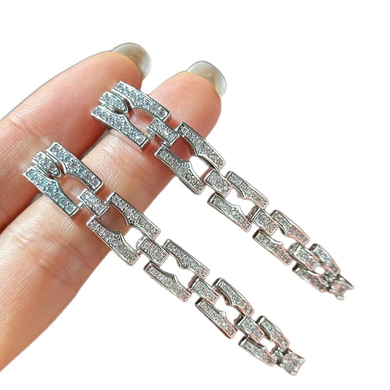 Sier Needle Inlaid Zircon Square Chain Pendant Exquisite Elegant Commuting Versatile Earrings Light High-end Feel Ear Jewelry - view 5
