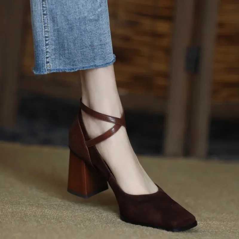 Spring and Autumn New Fi Square Toe Thick Heel Matte Sexy Trendy Cross Buckle Womens ShoesXJ251027