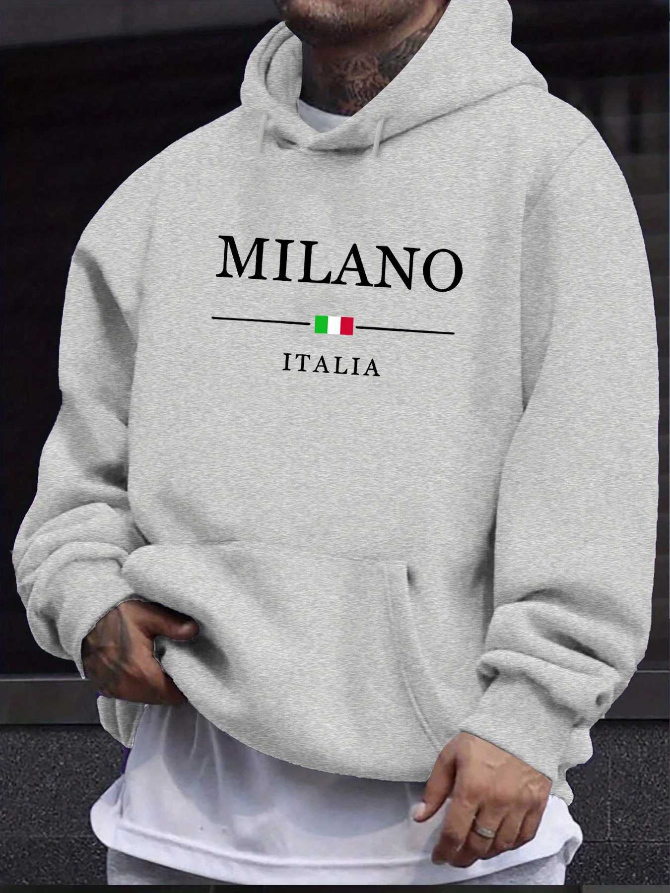 Mens AutumnWinter Casual Fashion Loose Hoodie MILANO ITALIA Pattern Printed Long Sleeve Warm Hoodie W251027