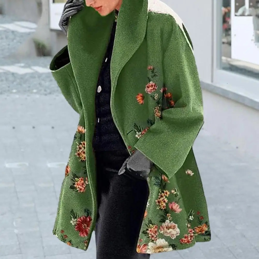 Spring Jacket Elegant Flower Print Womens Fall Winter Overcoat with Turndown Collar Plus Size Mid Length Loose Thick Warm Long 251027