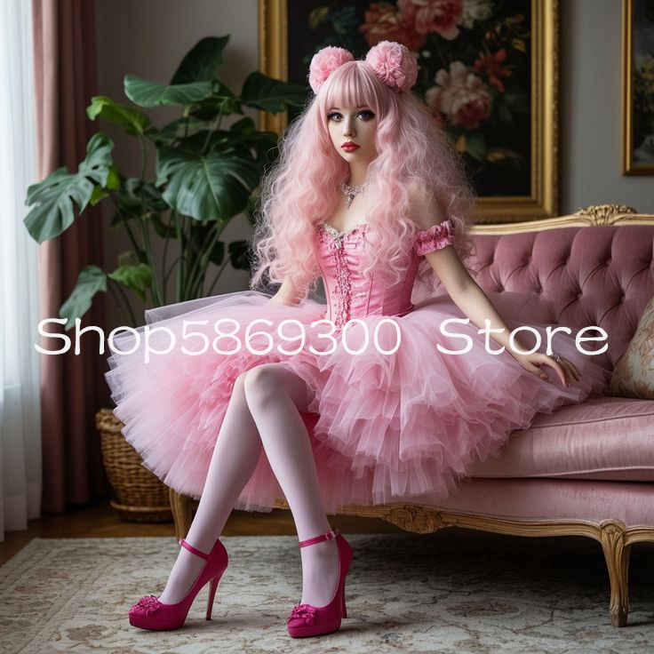 Pink Short Tutu Lolita Prom Dresses Off Shoulder Ruffles Skirt Corset Lace-up Victorian Rococo Evening Gown Customsized